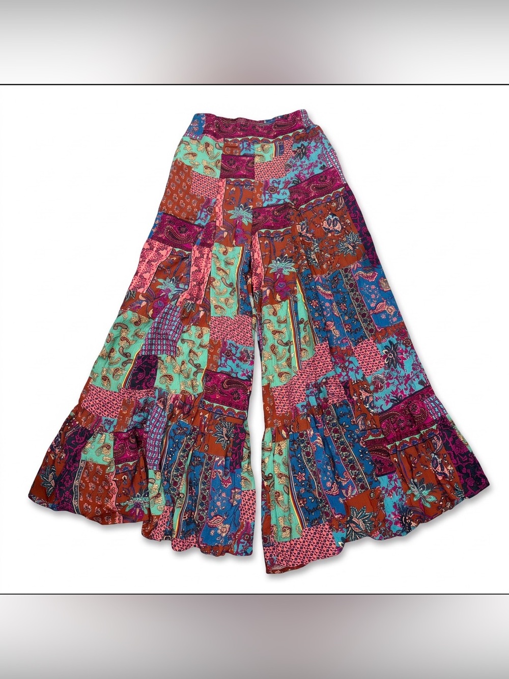 Easel Patchwork maroon and green flouncy boho pants size small NWT - Picture 2 of 4